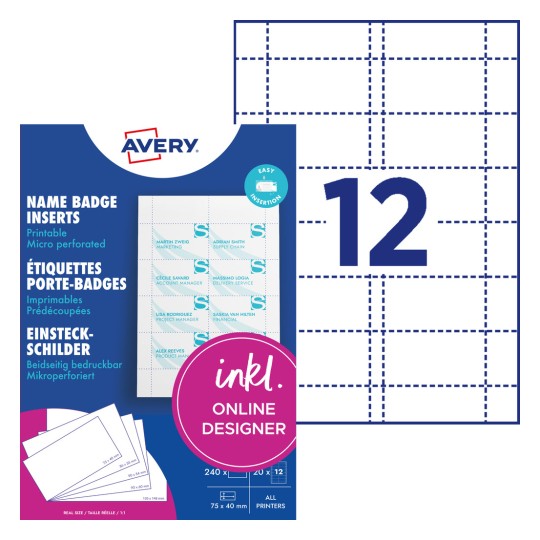 Balení vložek do jmenovek Avery zobrazující 12 mikroperforovaných štítků do jmenovek?