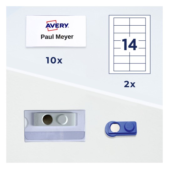 Jmenovka Avery se jménem „Paul Meyer“, schéma archu se štítky, plastový držák jmenovky a magnetické zapínání?