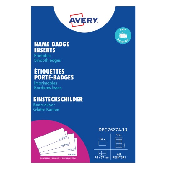 Balení vložek do jmenovek Avery s modrým pozadím a údaji o produktu?