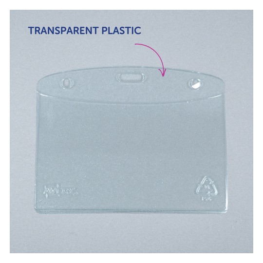 Obrázek zobrazuje čiré, průhledné plastové pouzdro na kartu se zaoblenými hranami a otvory pro upevnění nahoře. Neobsahuje žádný vložený obsah a je umístěno na šedém pozadí.