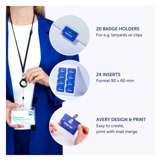 Obrázek zobrazuje ženu v modrém saku držící držák na průkaz s viditelným jménem a titulem. Okolní obrázky ukazují držáky na průkazy, vložky a informace o možnostech designu a tisku.