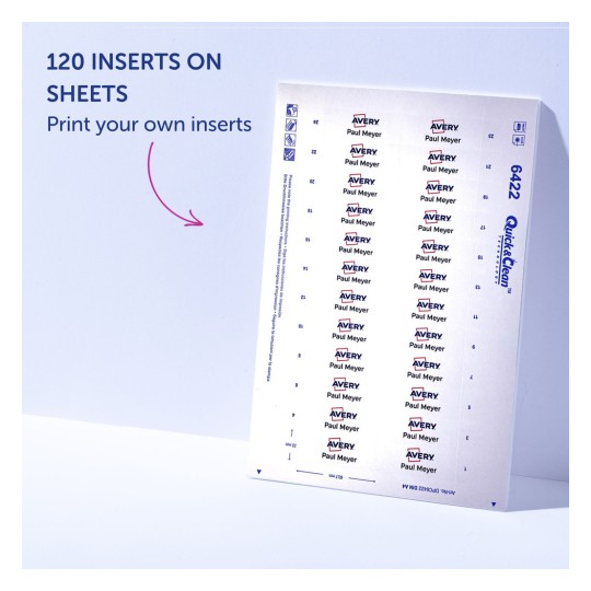 Obrázek zobrazuje arch štítků na vkládání od společnosti Avery, navržený pro tisk vlastních vložek. Uvádí, že na listě je 120 vložek a obsahuje jméno 'Paul Meyer.'