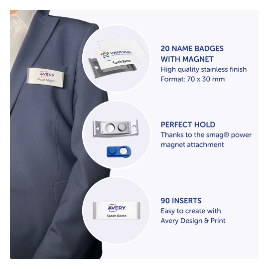 Obrázek ukazuje profesionální oblek s připojenou jmenovkou. Uvádí funkce jako 20 jmenovek s magnety, perfektní držení s magnetickým upevněním a 90 vložek pro snadnou přizpůsobitelnost.