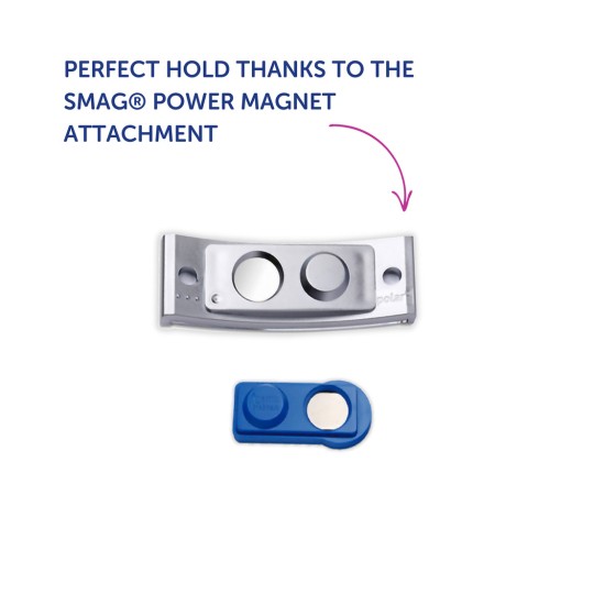 Obrázek představuje nástavec SMAG® Power Magnet, který se skládá ze stříbrného magnetického dílu a modrého magnetického nástavce, s textem zdůrazňujícím funkčnost perfektního držení.