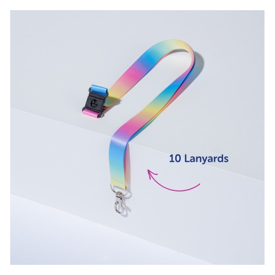 Obrázek ukazuje barevnou šňůrku s klipem na bílém povrchu, což naznačuje soubor 10 šňůrek.