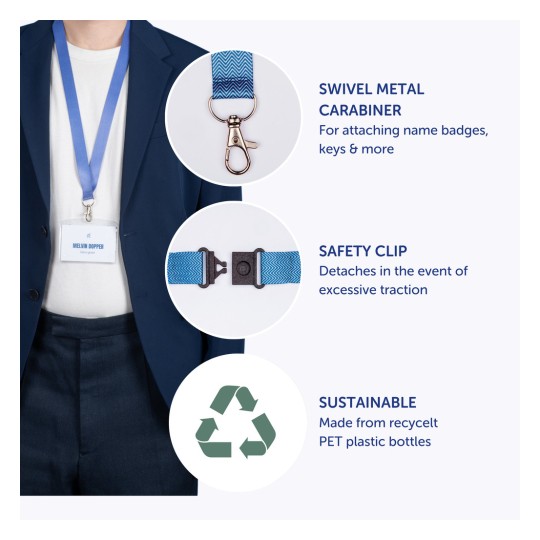 Obrázek zobrazuje osobu s identifikačním štítkem na šňůrce na krk. Klíčové vlastnosti zahrnují otočný kovový karabinek, bezpečnostní klip pro odpojení při nadměrném tahu a poznámku o udržitelnosti, která uvádí, že je šňůrka na krk vyrobena z recyklovaných PET plastových lahví.