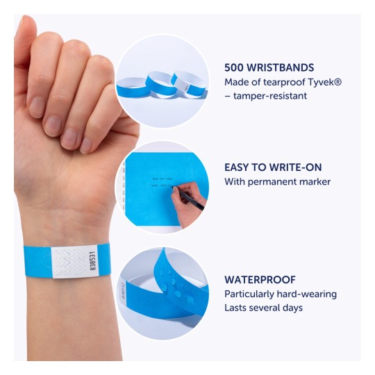Obrázek zobrazuje modré náramky vyrobené z odolného papíru Tyvek, které zdůrazňují vlastnosti jako vodotěsný materiál, snadné psaní permanentním fixem a hromadné množství 500 náramků.