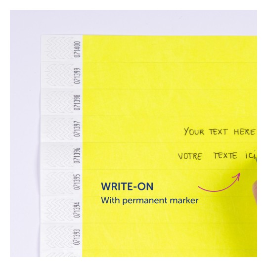 Obrázek zobrazuje jasně žlutou stránku s pokyny k psaní na ni pomocí permanentního fixu. Jsou zde místa pro text, včetně 'Your text here' v angličtině a 'Votre texte ici' ve francouzštině.
