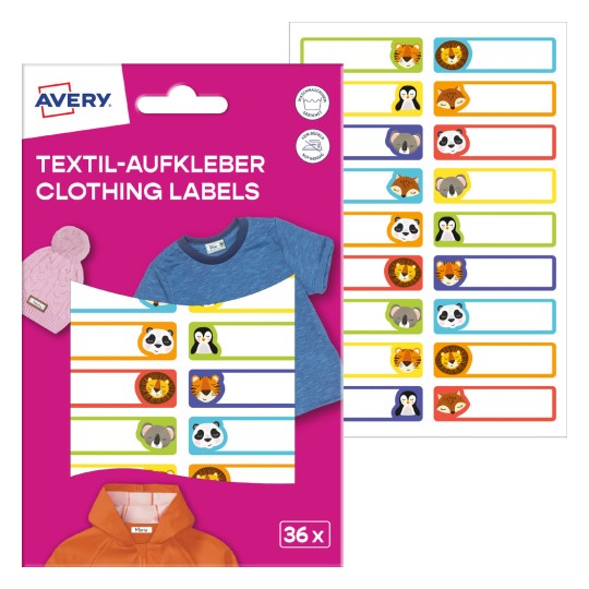 Obrázek balení s listem etiket: Avery textilní etikety, položka: ETVET36A, formát: 13 x 45 mm, obsah: 36 etiket / 2 listy, 18 etiket/list?
