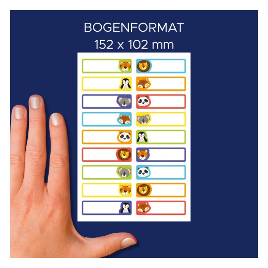 Porovnání velikosti s rukou, článek: ETVET36A, arch textilních etiket, formát: 13 x 45 mm, barva: ?