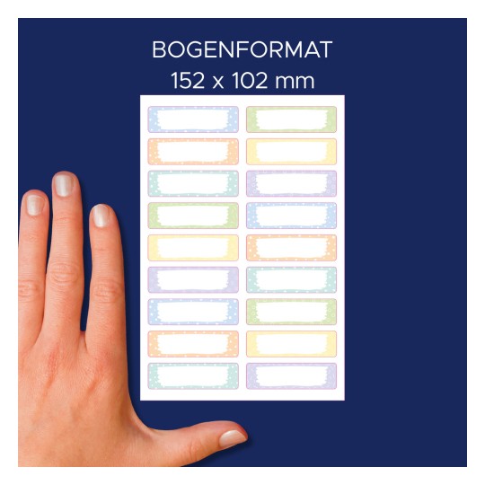 Velikostní srovnání s rukou, výrobek: ETVET36M, jeden arch textilních etiket, formát: 13 x 45 mm, barva: ?