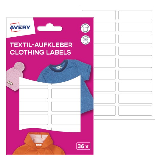 Obrázek balení s listem etiket: Avery textilní etikety, článek: ETVET36, formát: 13 x 45 mm, obsah: 36 etiket / 2 listy, 18 etiket/list?