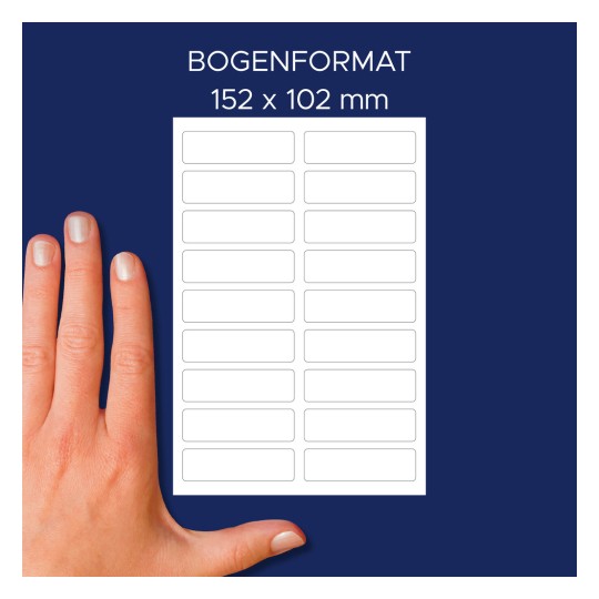 Srovnání velikosti s rukou, Článek: ETVET36, jeden arch textilních etiket, Formát: 13 x 45 mm, Barva: ?