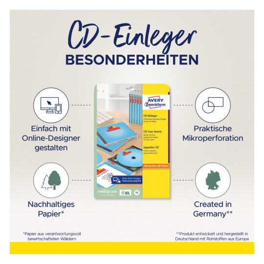Obrázek zahrnuje obal na vložku CD od Avery Zweckform. Zdůrazňuje vlastnosti jako online designové schopnosti, praktickou mikroperforaci, udržitelný papír a to, že produkt je vyroben v Německu.