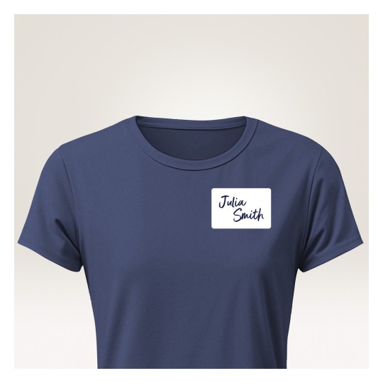 The image shows a navy blue t-shirt with a name tag that reads 'Julia Smith'.
