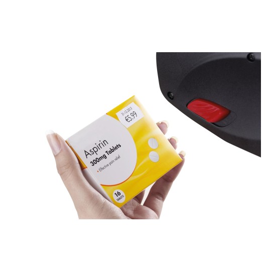 An image of a hand holding a pack of Aspirin 300mg tablets with a price tag, positioned near a scanner.