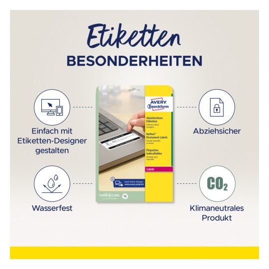 Obrázek představuje produkt pro etikety od Avery Zweckform, zdůrazňující vlastnosti jako voděodolnost, odolnost proti odlupování a šetrnost k životnímu prostředí. Zmiňuje také použití návrhového nástroje pro přizpůsobení.