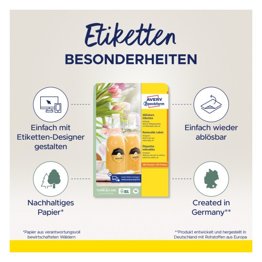 Obrázek obsahuje produktovou reklamu na odnímatelné štítky od Avery Zweckform, která zdůrazňuje vlastnosti jako snadnost návrhu, znovupoužitelnost, udržitelnost papíru a skutečnost, že je vyrobeno v Německu.