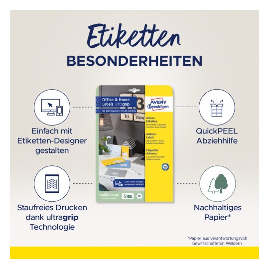 Obrázek zobrazuje balení produktu Avery adresních štítků určených pro kancelářské a domácí použití, zdůrazňující vlastnosti jako technologii QuickPEEL a ekologicky šetrný papír.