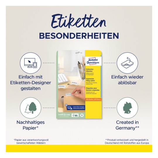 Obrázek zobrazuje balení etiket Avery Zweckform, zdůrazňující vlastnosti jako snadný design s návrhářem etiket, odnímatelné etikety a udržitelný papír pocházející z odpovědně spravovaných lesů. Také uvádí, že produkt je vyroben v Německu.