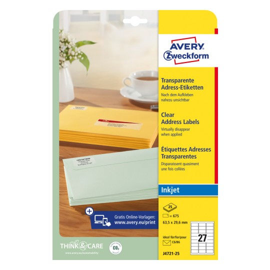Obrázek balení: Avery Zweckform průhledné štítky na zásilky, pro inkoustové tiskárny, článek: J4721-25, formát: 63,5 x 29,6 mm, vhodné pro tiskárny: Inkjet, obsah: 675 štítků / 25 listů, 27 štítků/list?