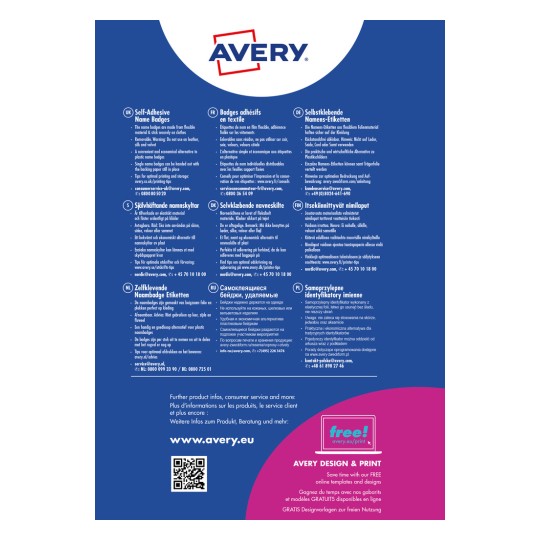 Obrázek obsahuje informace o Avery samolepicích jmenovkách v několika jazycích, které podrobně popisují jejich vlastnosti, tipy pro použití a kontakty na zákaznický servis.