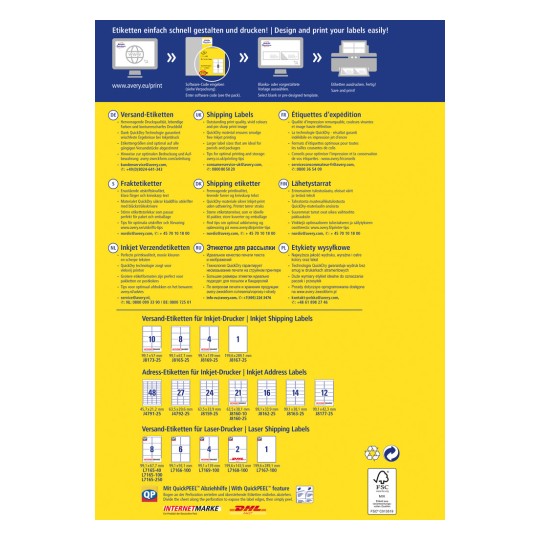 Obrázek je průvodcem tiskem štítků od společnosti Avery, který podrobně popisuje různé typy štítků, specifikace a tipy pro tisk v několika jazycích, včetně němčiny, angličtiny, francouzštiny a dalších. Poskytuje informace o štítcích na balíky, adresních štítcích a o tom, jak je efektivně navrhnout a vytisknout.