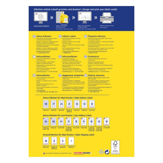 Obrázek je průvodcem pro navrhování a tisk etiket, obsahuje různé jazyky a šablony etiket pro inkoustové a laserové tiskárny, spolu s tipy na tisk a odkazy na zdroje.