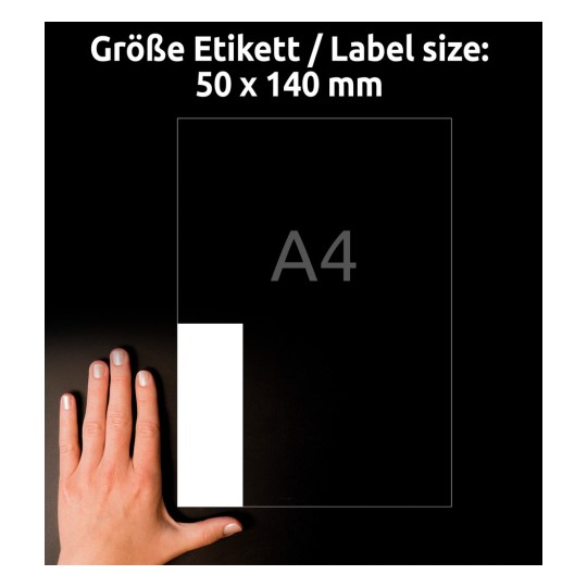 Obrázek ukazuje ruku vedle popisu velikosti, který uvádí rozměry 50 x 140 mm a odkazuje na velikost A4.
