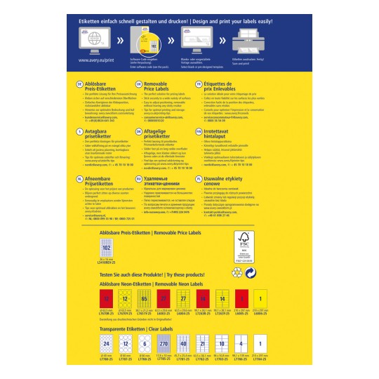 Obrázek zobrazuje průvodce tiskem štítků a informace o produktu pro snímatelné cenové štítky, včetně vlastností a rozměrů v různých jazycích.