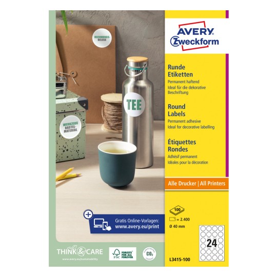 Obrázek balení: Avery Zweckform kulaté etikety, Článek: L3415-100, Formát: ⌀ 40 mm, Vhodnost pro tisk: Inkjet, Laser č/b, Barevný laser, Obsah: 2.400 etiket / 100 listů, 24 etiket/list?