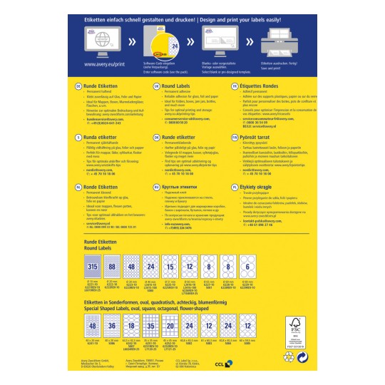 Obrázek je průvodcem pro navrhování a tisk etiket, který obsahuje kulaté etikety různých velikostí a popisy ve více jazycích. Zahrnuje tipy, QR kód pro přístup k softwaru a kontaktní informace pro podporu.
