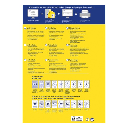Obrázek obsahuje informace o navrhování a tisku různých typů etiket, včetně kulatých etiket a etiket se speciálním tvarem, spolu s jejich velikostmi a specifikacemi v několika jazycích.