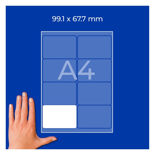 Ruka vedle diagramu na listu A4 s mřížkou zaoblených obdélníků a rozměry 99,1 × 67,7 mm?