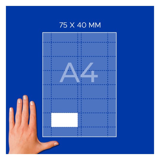 Ruka vedle diagramu listu A4 s mřížkou, bílým obdélníkem a označením „75 × 40 mm“?
