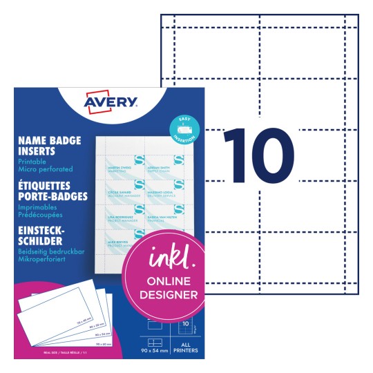 Zobrazení balení s etiketami: Avery Zweckform, Článek: L4727-20, Vkládací štítky, Formát: 54 x 90 mm, Vhodný pro tisk: Inkjet, barevný laser, černobílý laser, kopírky, Obsah: 200 vkládacích štítků / 20 listů, 10 karet/arch?