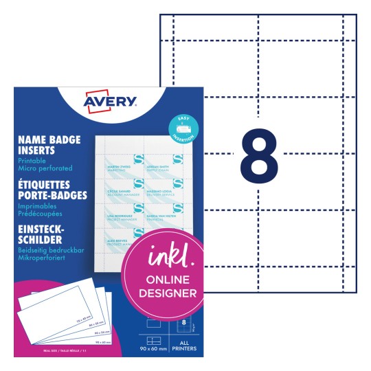Obrázek balení s etiketami: Avery Zweckform, Článek: L4728-20, Vkládací štítky, Formát: 60 x 90 mm, Vhodnost pro tisk: Inkjet, Barevný laser, Černobílý laser, Kopírky, Obsah: 160 vkládacích štítků / 20 listů, 8 karet/arch?