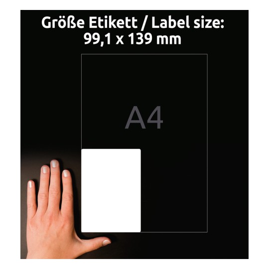 Obrázek zobrazuje ruku vedle bílého štítku s rozměry 99,1 x 139 mm, označeného jako formát A4. Pozadí je tmavé.