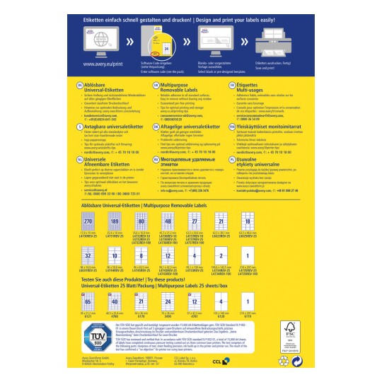 Obrázek obsahuje reklamu na produkty Avery s informacemi o snímatelných štítcích, jejich designu, možnostech tisku a specifikacích. Obsahuje více jazyků a různé velikosti štítků s jejich příslušnými kódy. Nabízí tipy pro tisk a pomáhá uživatelům vybrat vhodné šablony.