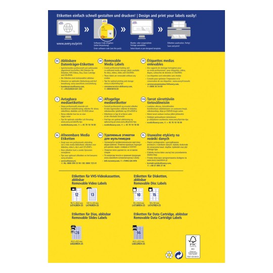 Obrázek zobrazuje pokyny a informace o štítcích na vyměnitelná média v několika jazycích, včetně různých typů štítků pro různá média, jako jsou VHS kazety, disky a diapozitivy, spolu s kontaktními údaji pro zákaznický servis.