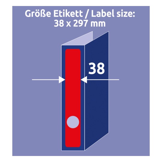 Obrázek zobrazuje štítek o velikosti 38 x 297 mm spolu s vizuálním znázorněním vazby s červeným hřbetem a modrým obalem.