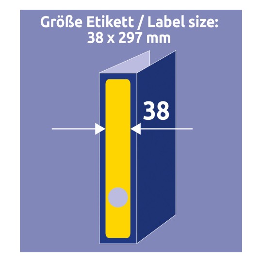 Obrázek zobrazuje specifikaci velikosti štítku s rozměry 38 x 297 mm s vyznačeným žlutým štítkem a modrým pozadím.