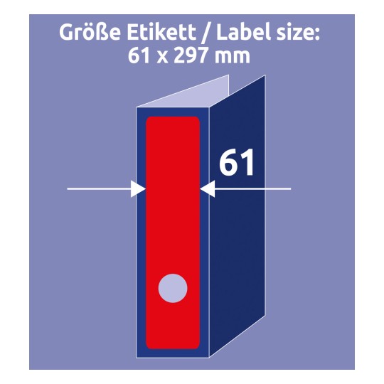 Obrázek zobrazuje ilustraci štítku o rozměrech 61 x 297 mm, který je zobrazen vedle složky. Štítek je červený a složka je modrá. Pozadí je světle fialové.