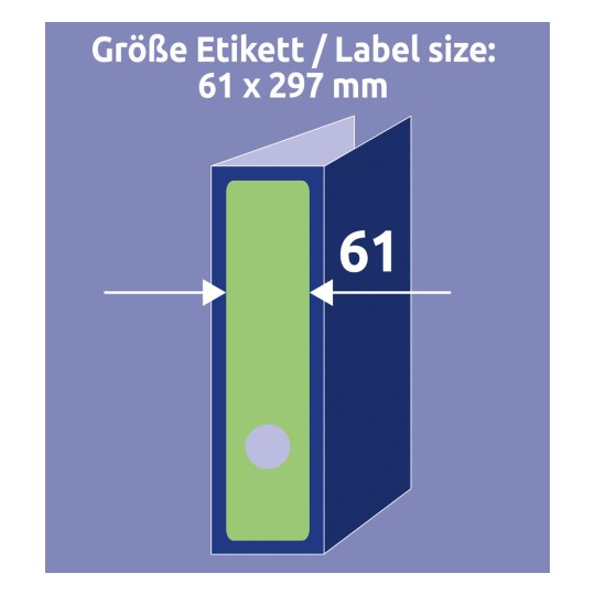 Obrázek zobrazuje specifikaci velikosti štítku 61 x 297 mm pro složku na dokumenty, ilustrovanou zeleným štítkem a modrým designem složky.