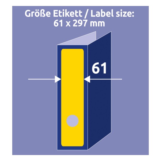 Obrázek zobrazuje diagram velikosti štítku zobrazující rozměry 61 x 297 mm, s označenou částí zvýrazňující šířku.