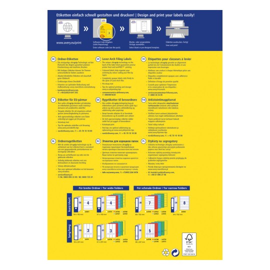 Obrázek je mnohojazyčná brožura o navrhování a tisku etiket, která podrobně popisuje různé typy etiket, jejich vlastnosti a tipy pro optimální tisk. Obsahuje sekce v němčině, francouzštině, nizozemštině, finštině, polštině a švédštině, spolu s vizuály etiket pro různé velikosti složek.