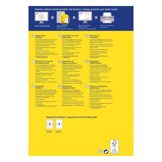 Obrázek obsahuje informace o zavěšených pákových pořadačích, včetně popisů v několika jazycích a pokynů pro návrh a tisk. Obsahuje podrobnosti o unikátní technologii použití štítků a tipy pro optimální tisk a skladování.