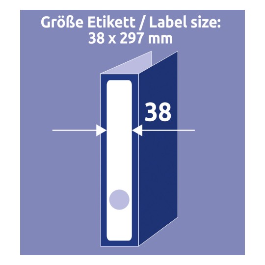 Obrázek zobrazuje štítek o rozměrech 38 x 297 mm uvedený vedle obrysu složky, což ilustruje, jak štítek sedí na hřbetu složky.