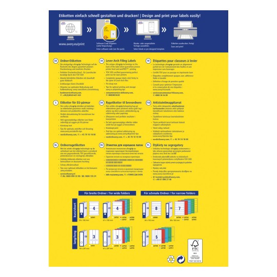Obrázek je vícejazyčnou reklamou na etikety Avery, zobrazující různé typy etiket a systémy pro archivaci. Poskytuje informace o tisku etiket, designu a použitelnosti, spolu s tipy pro dosažení optimálních výsledků, a obsahuje produktové kódy pro různé formáty etiket.