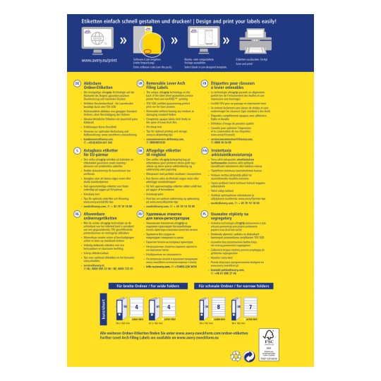 Informační grafika o snímatelných etiketách na pořadače, s vícejazyčnými pokyny a ilustracemi pro tisk a organizaci etiket.
